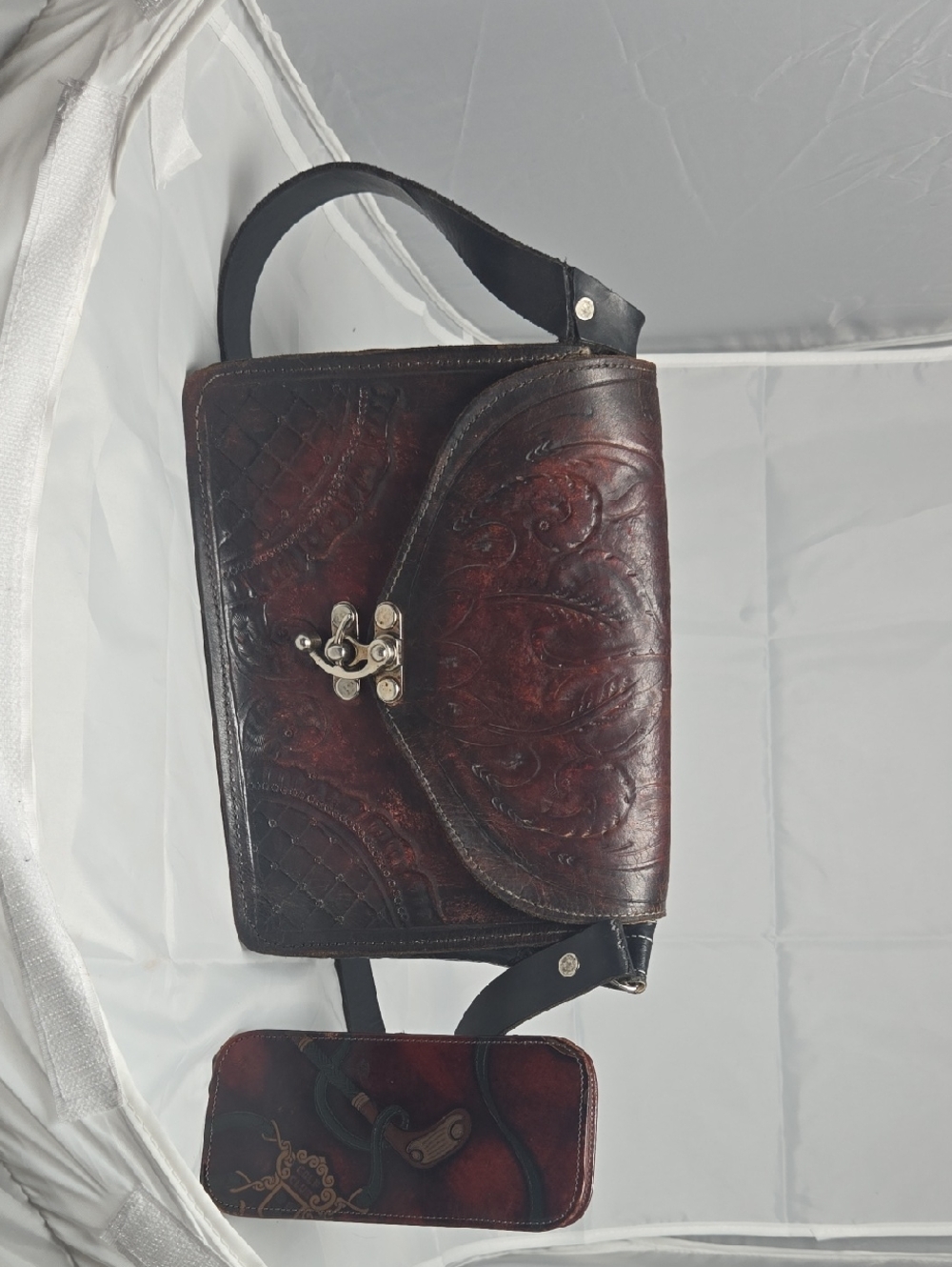Vintage Hand-Tooled Leather Crossbody Bag and Golf Club Case Set